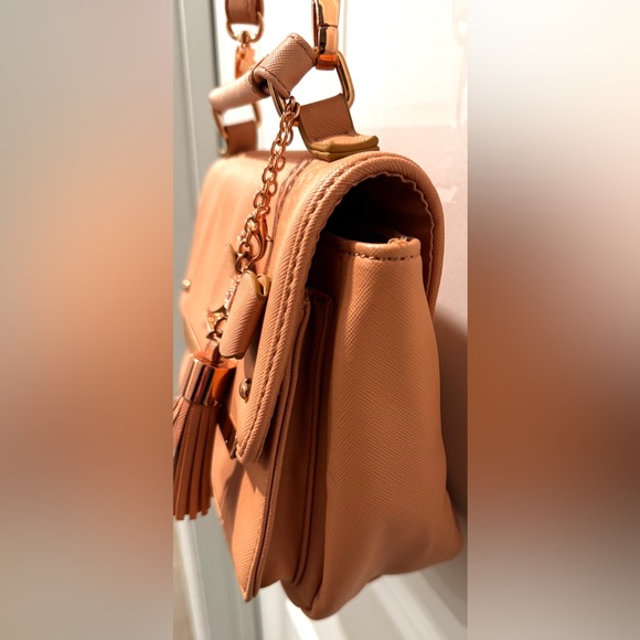 GUESS Peach Saffiano Crossbody Top Handle Bag w/ Bow Tassel & Long Strap - Picture 8 of 16